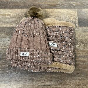 UGG Tan Knit Hat and Scarf Set with Pom Hat